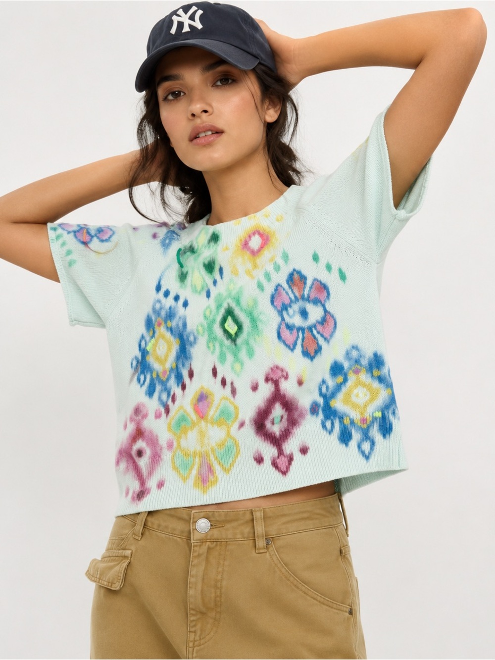 Anthropologie Mint Short-Sleeve Floral Ikat Knit Top